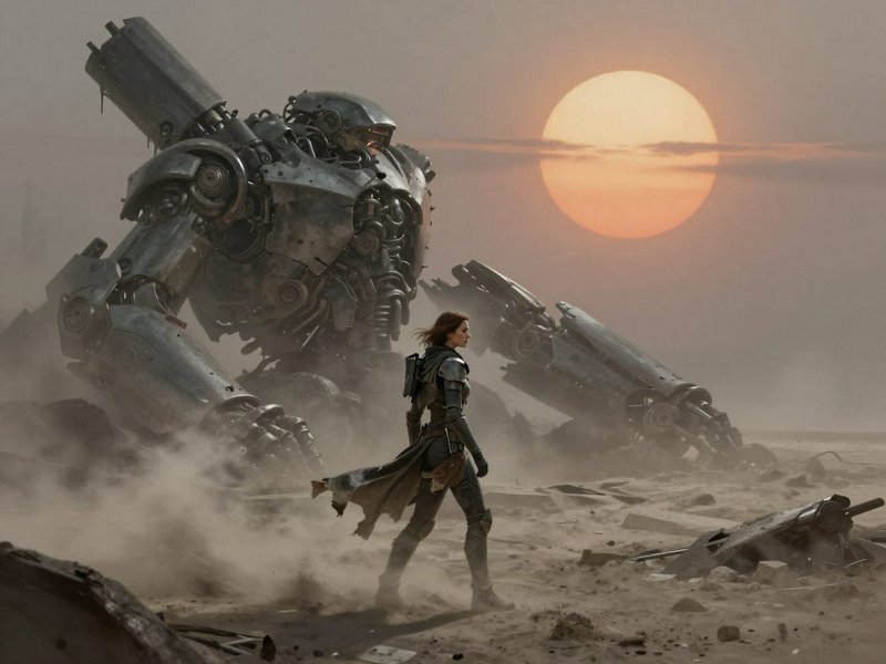 Armored female warrior walks past a giant fallen battle mech across a dusty desert at hazy orange...