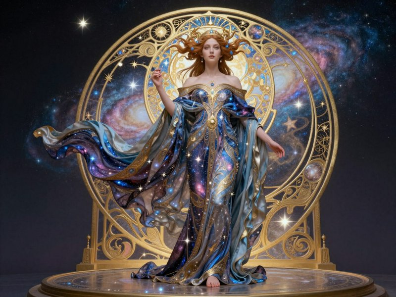 Art nouveau celestial goddess in a starry cosmic gown stands before an ornate golden frame agains...
