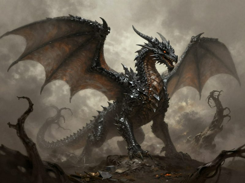 Armored spiked black fantasy dragon with spread wings and glowing orange eyes stands dominant in ...