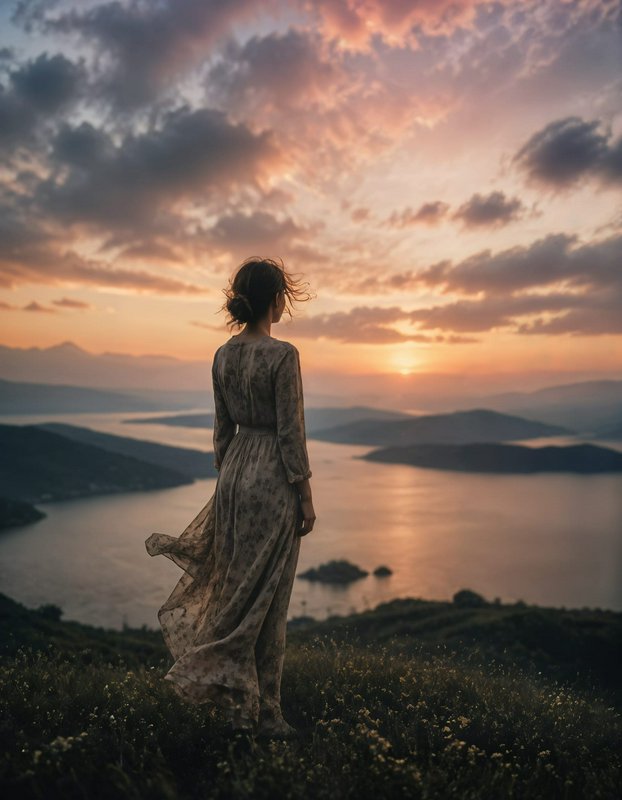 Woman in flowing long dress stands on a wildflower hilltop gazing out at a lake and islands at wa...
