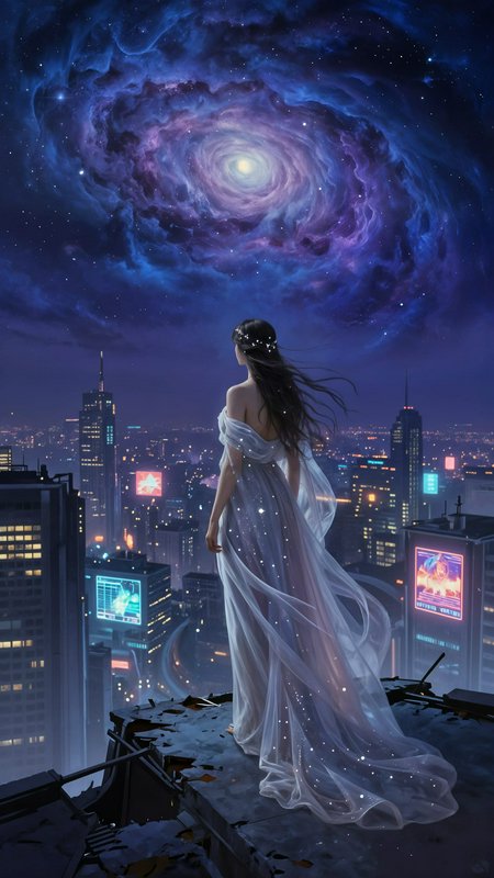 Ethereal woman in a starry sheer gown stands on a ruined skyscraper roof, gazing at a swirling sp...