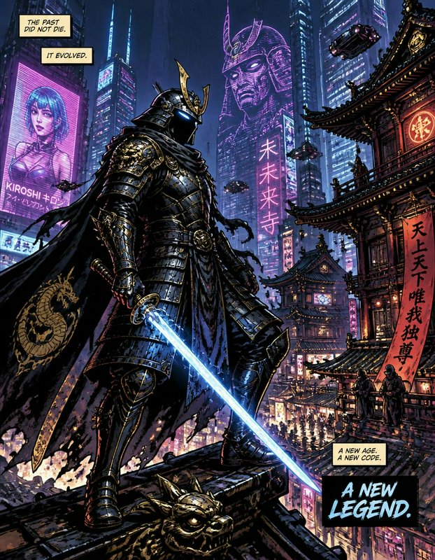 Comic panel of cyberpunk samurai in gilded black armor holding glowing blue katana overlooking ne...