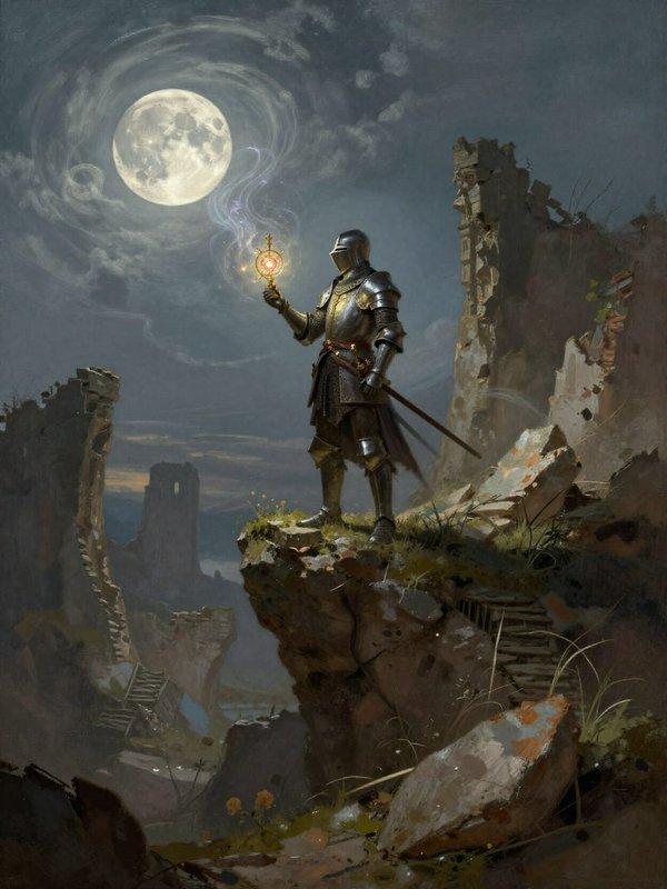 Armored knight stands on a cliff holding a glowing magical relic above castle ruins beneath a bri...