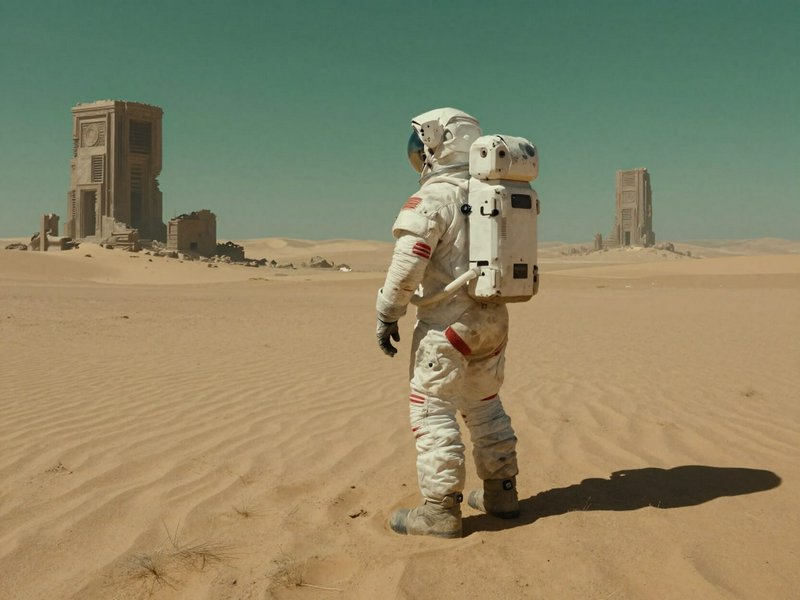 Astronaut in a worn white spacesuit stands on desert sand, observing crumbling ancient alien towe...