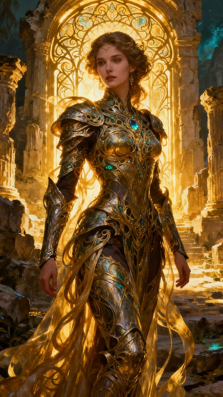 Regal fantasy female knight in ornate jeweled golden armor stands before a glowing golden arch in...