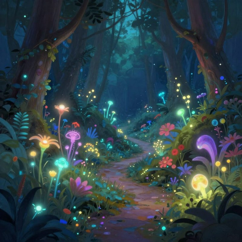 Enchanted night forest path lined with glowing bioluminescent flowers, mushrooms, and lush fantas...