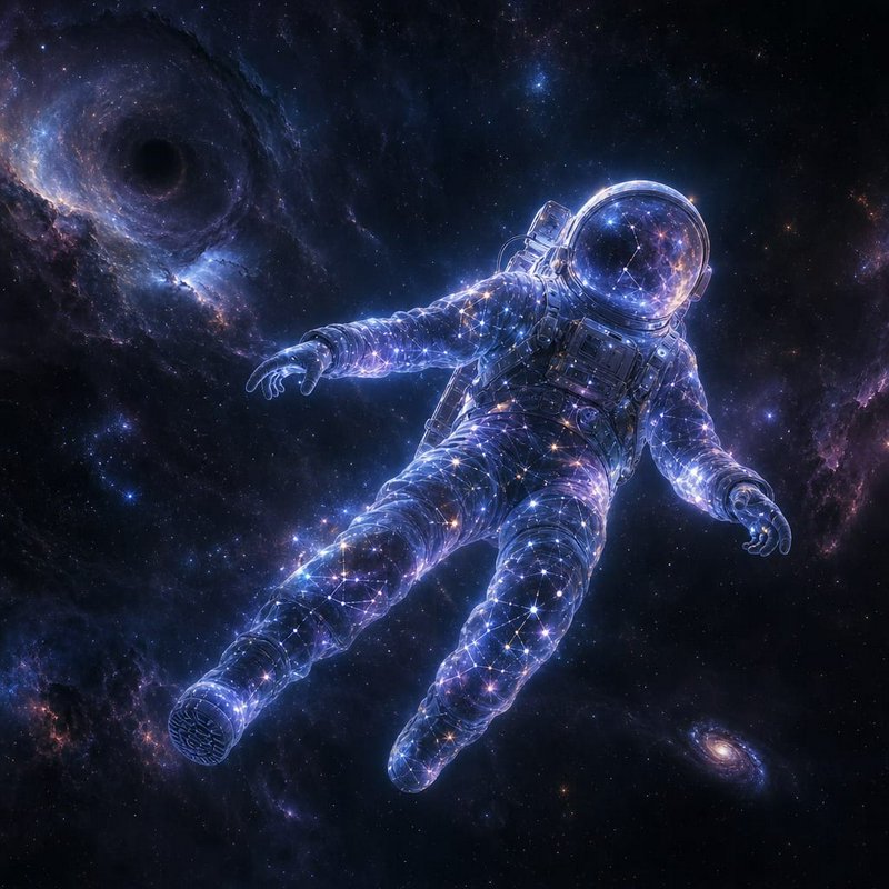 [Translucent glowing constellation-patterned astronaut floating weightless in deep space beside swirling nebulas and a bla...