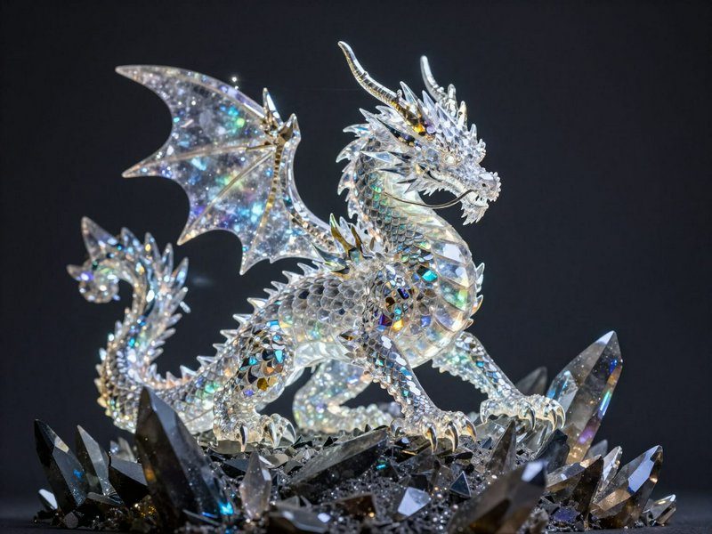 Intricate faceted iridescent crystal dragon figurine perched on dark smoky quartz crystal cluster...
