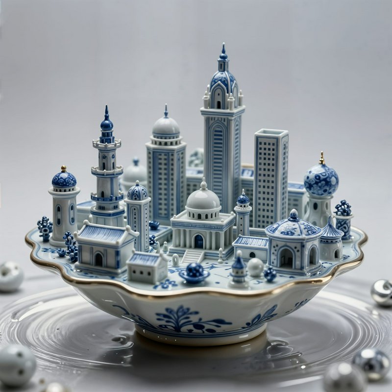 Intricate blue and white porcelain miniature city sculpture set on a gilded scalloped ceramic dis...