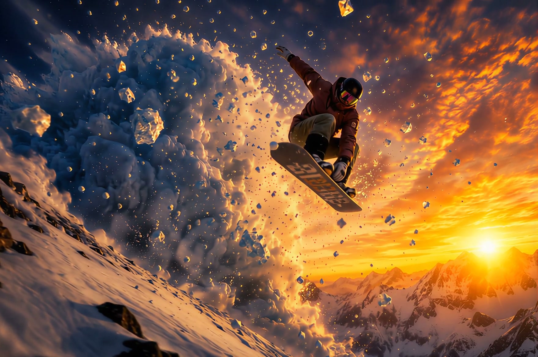 Snowboarder mid-air during a trick against a fiery sunset with snowy mountains and flying ice sha...