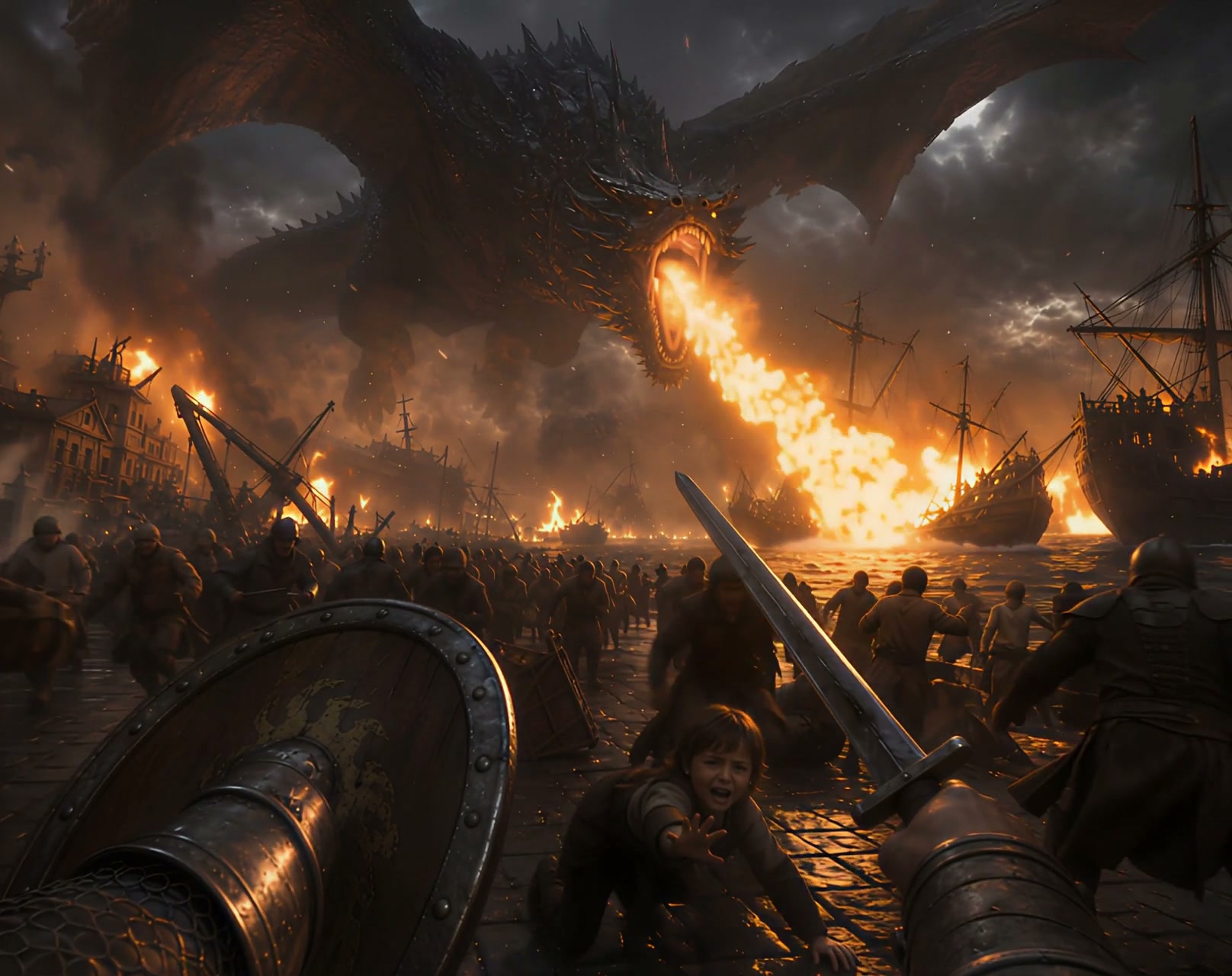 Giant dragon breathing fire over a burning medieval harbor as soldiers clash below.