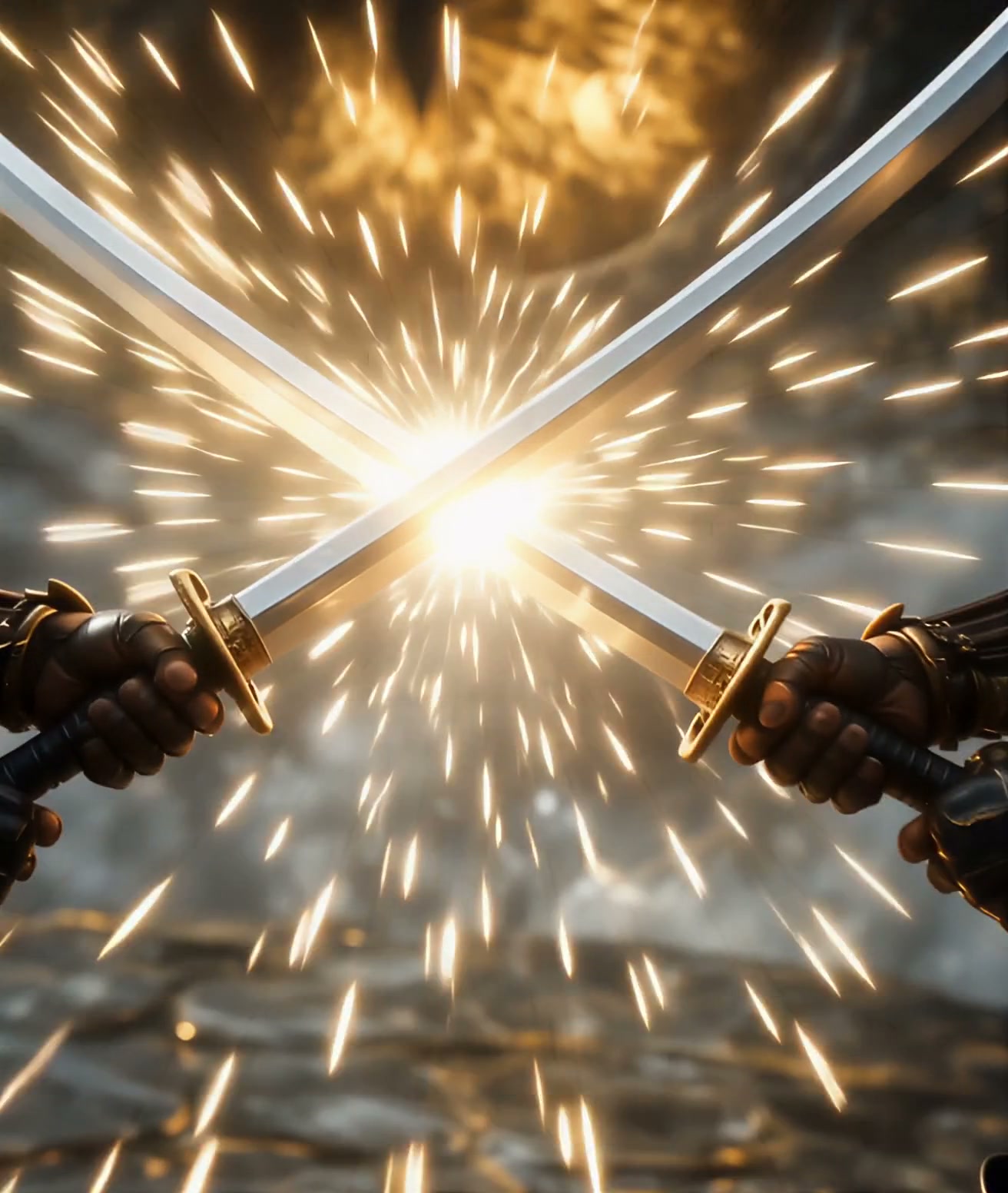 Two swords clash with bright sparks flying in a dramatic medieval battle scene.