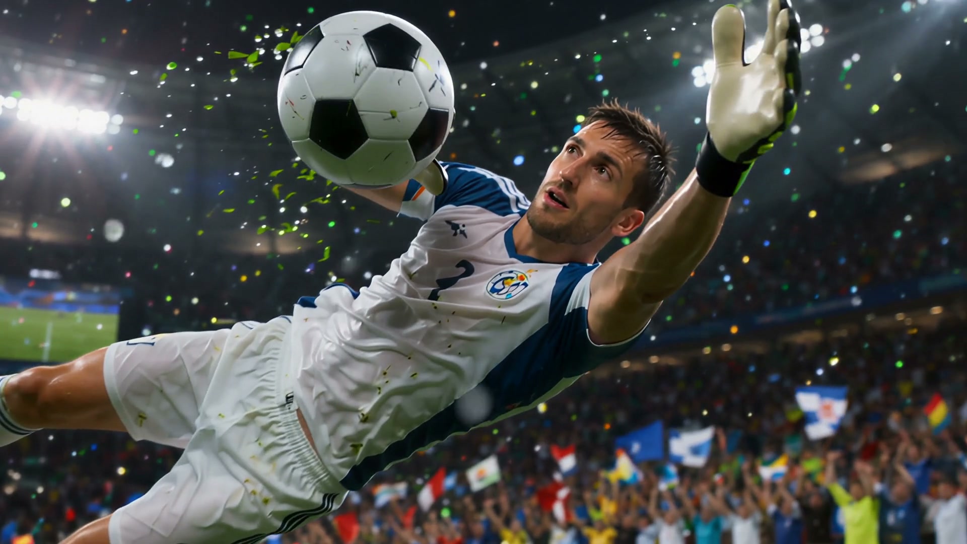 Soccer goalkeeper dives to punch the ball amid confetti in a packed stadium