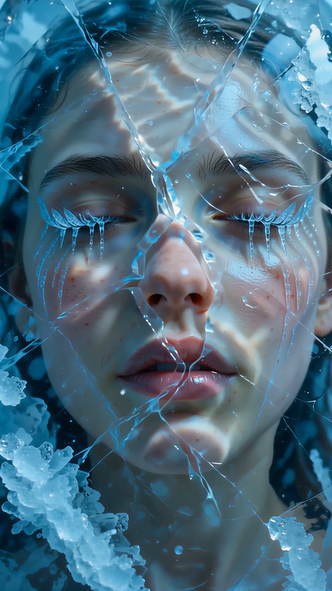 Surreal portrait of a woman with icicle eyelashes, closed eyes, layered behind cracked, frosty bl...