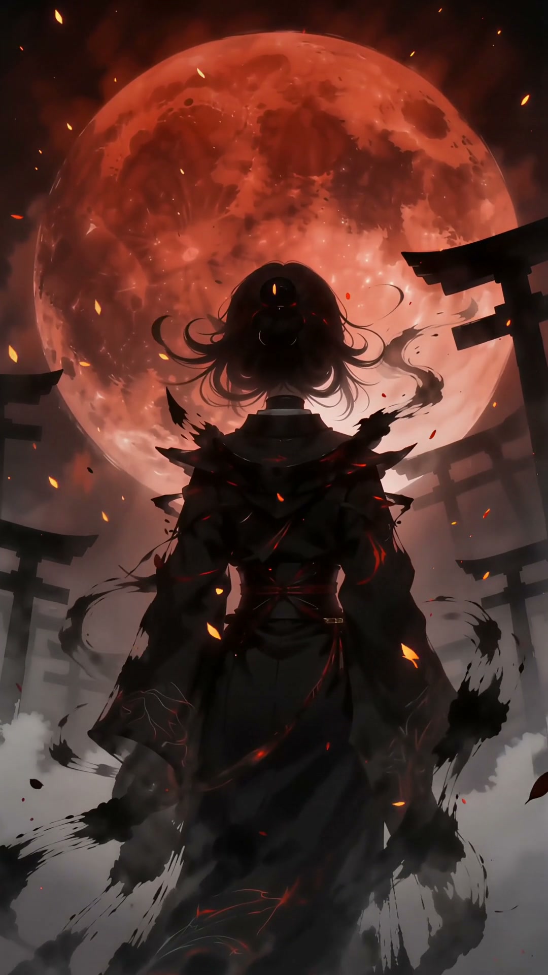"Anime-style dark fantasy warrior viewed from behind, standing before a giant blood moon and Japa...