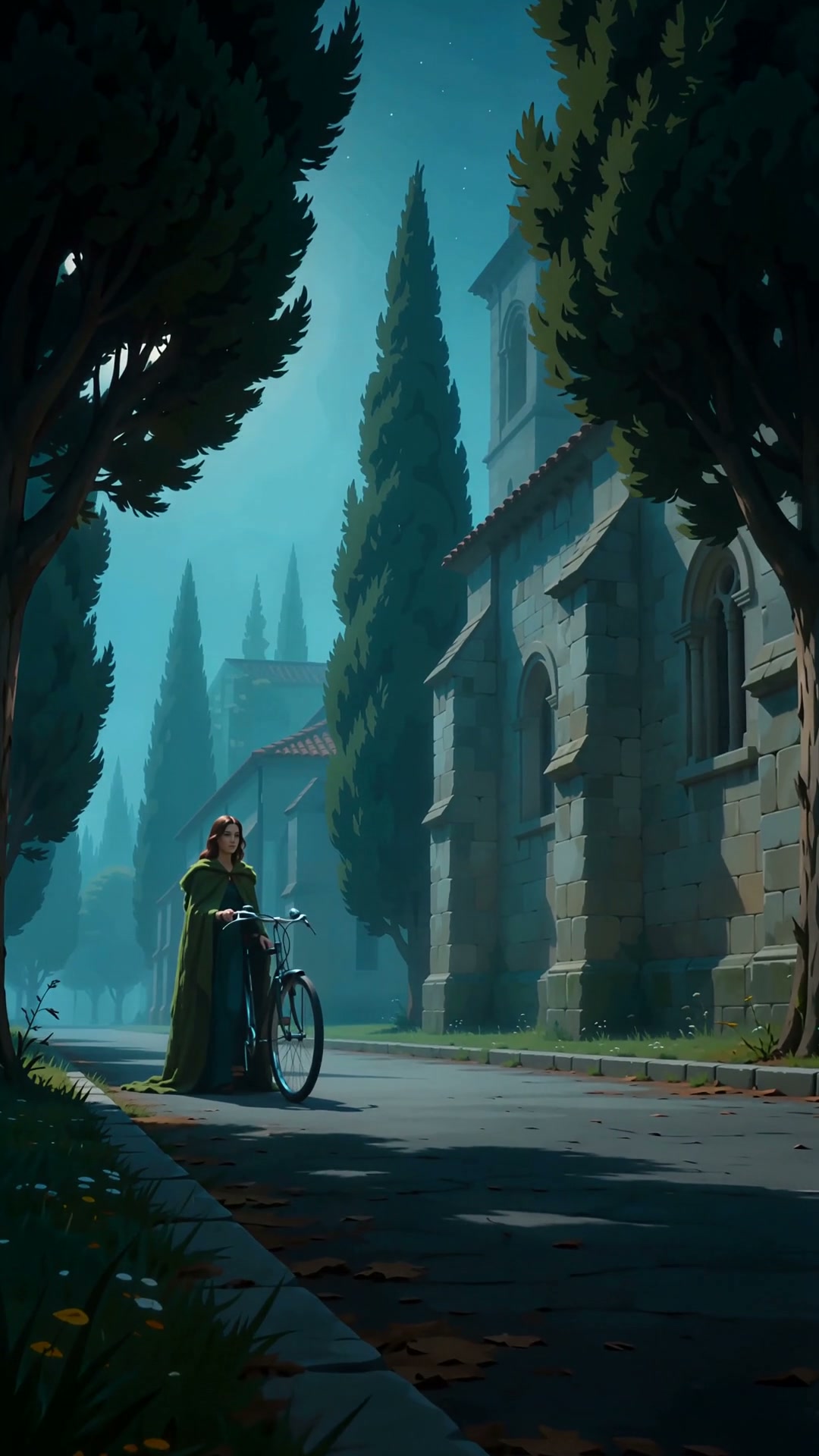 Digital illustration of a woman in a green cloak holding a bicycle on a misty stone European vill...