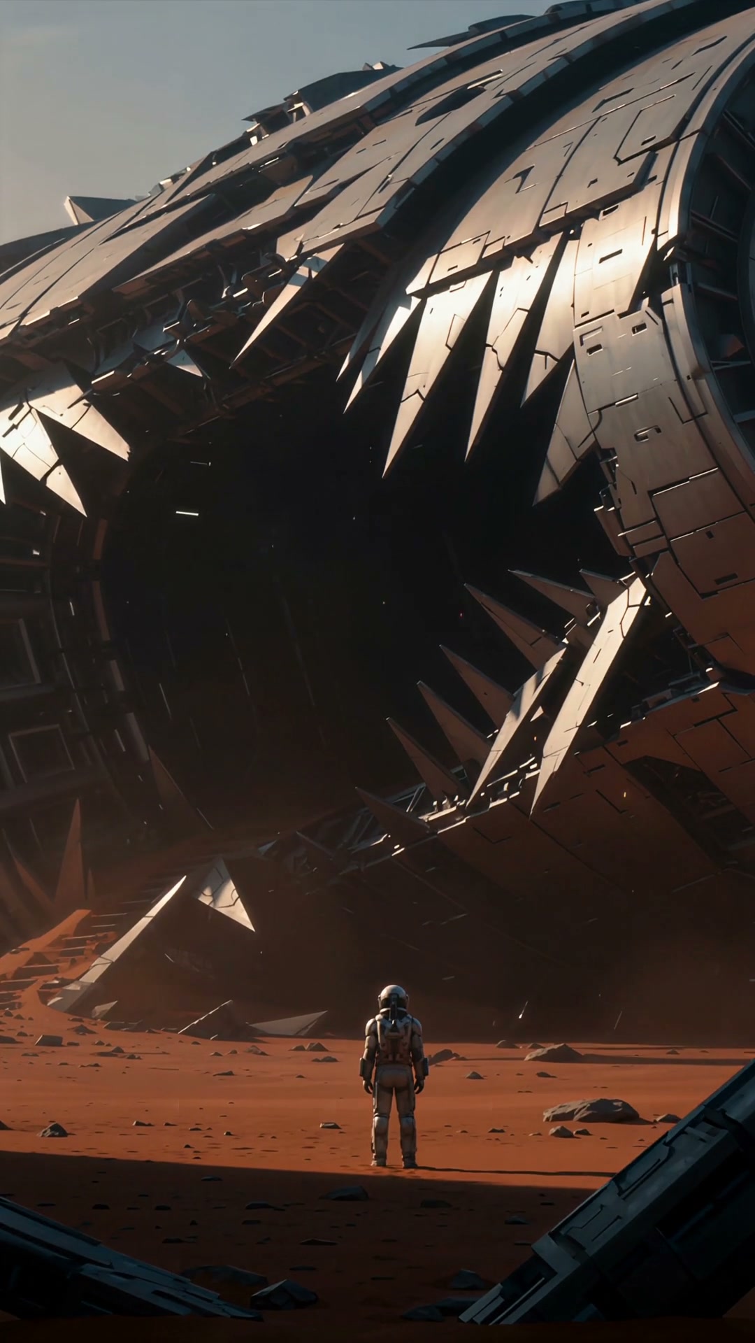 An astronaut in a white spacesuit stands on a red alien desert, staring up at the massive, jagged...