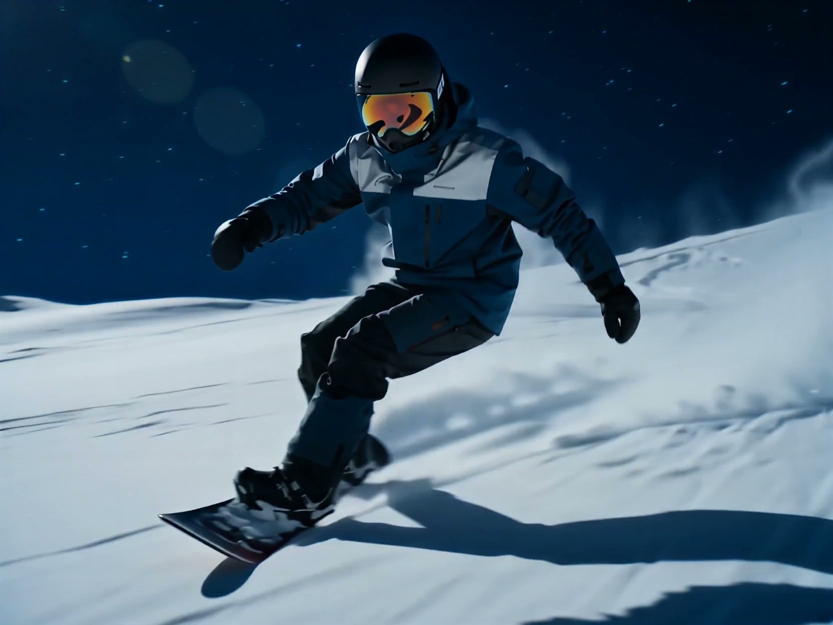 Snowboarder in a blue winter jacket, helmet, and reflective goggles carves down a snowy mountain ...