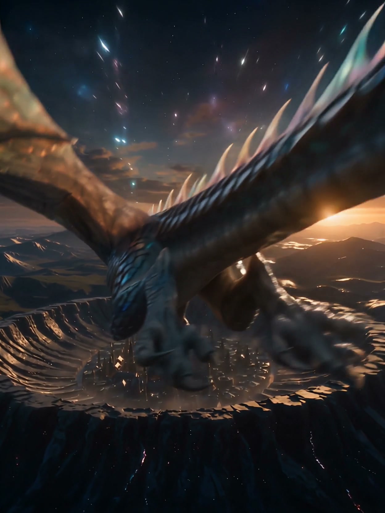 A giant iridescent fantasy dragon soars over a hidden crater city under a starry twilight sky str...