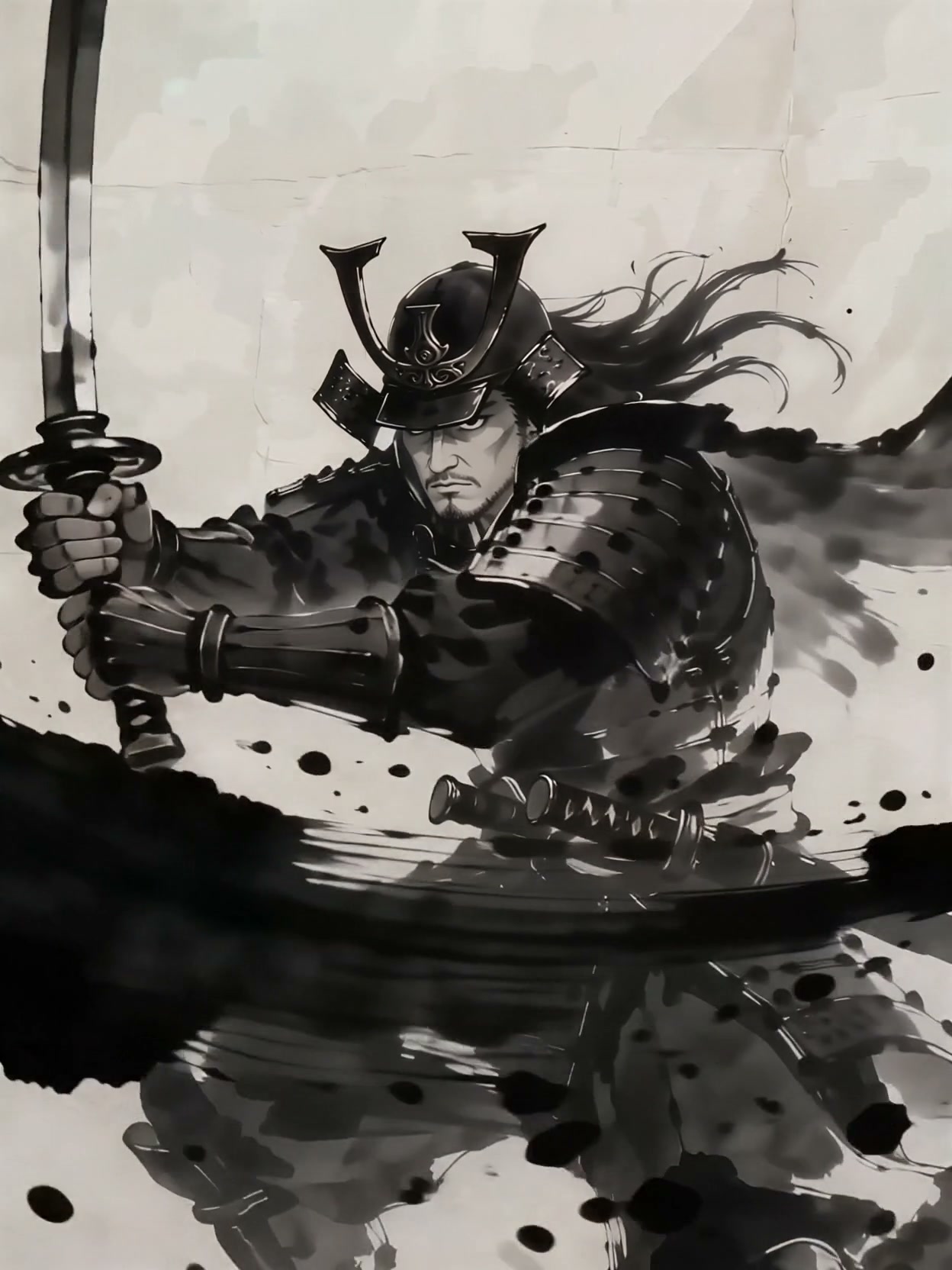 "Ink wash illustration of a Japanese samurai in full armor, gripping a katana in a ready combat s...