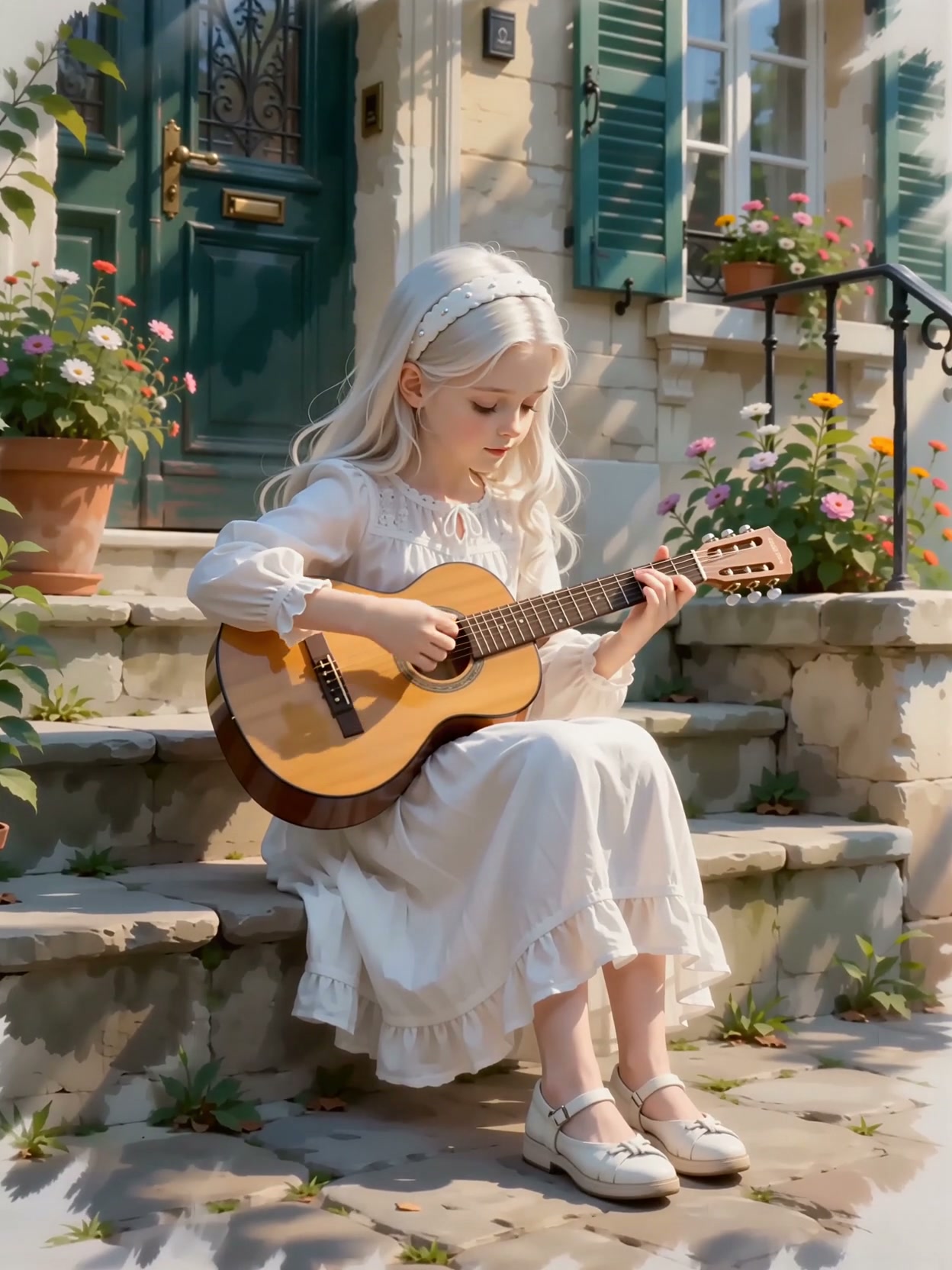 Young platinum-blonde girl plays acoustic guitar while sitting on sunlit cottage steps surrounded...