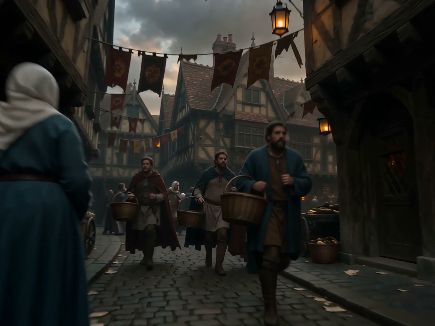 Medieval townspeople carrying wicker baskets rush through a cobblestone Tudor market street at du...