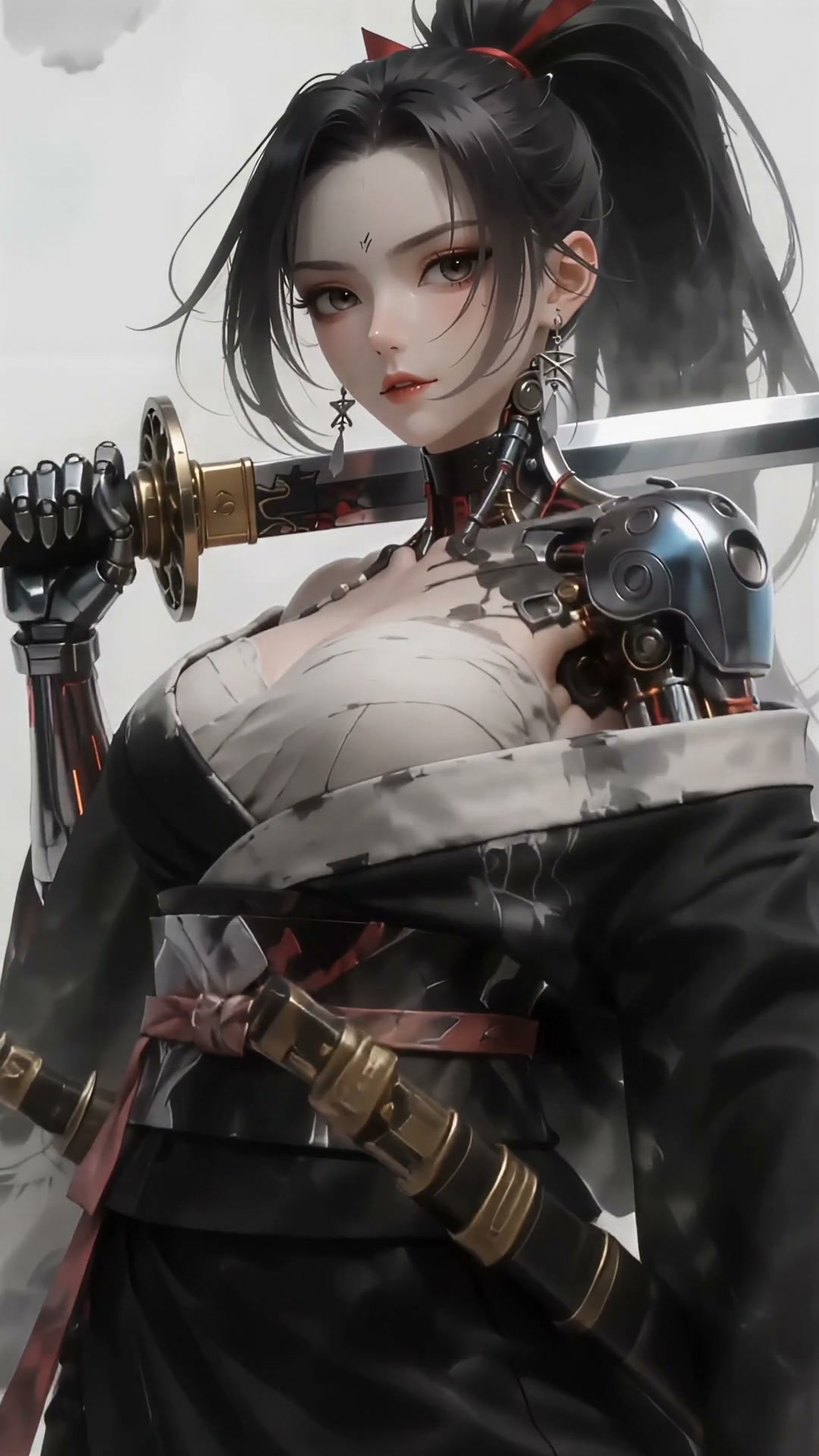 Cybernetic anime samurai woman with robotic arms holds an ornate katana across her shoulder again...