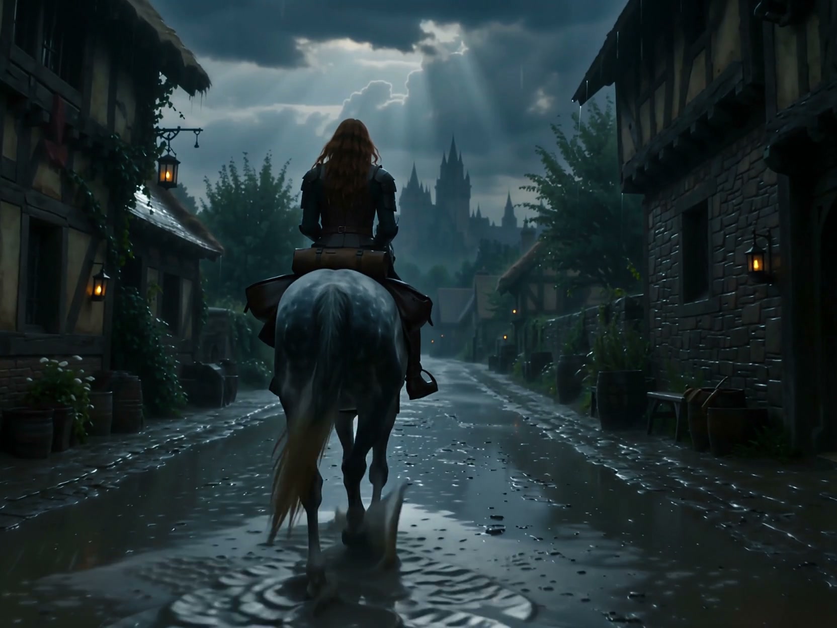 Lone armored red-haired rider on a dapple grey horse travels a rainy medieval village road toward...