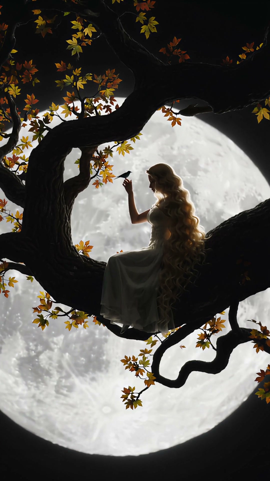 Ethereal woman in a white gown sits on an autumn tree branch holding a small bird, backlit by a h...
