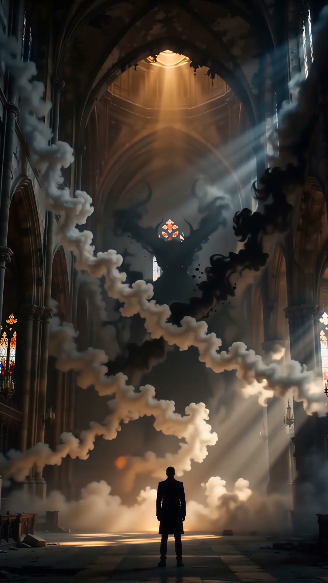 Silhouetted person stands in a sunlit gothic cathedral, facing a looming shadow demon framed by s...