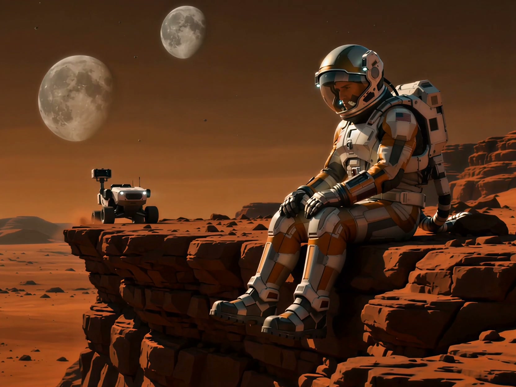 Pensive astronaut in a spacesuit sits on a red Martian cliff edge, with a planetary rover and twi...