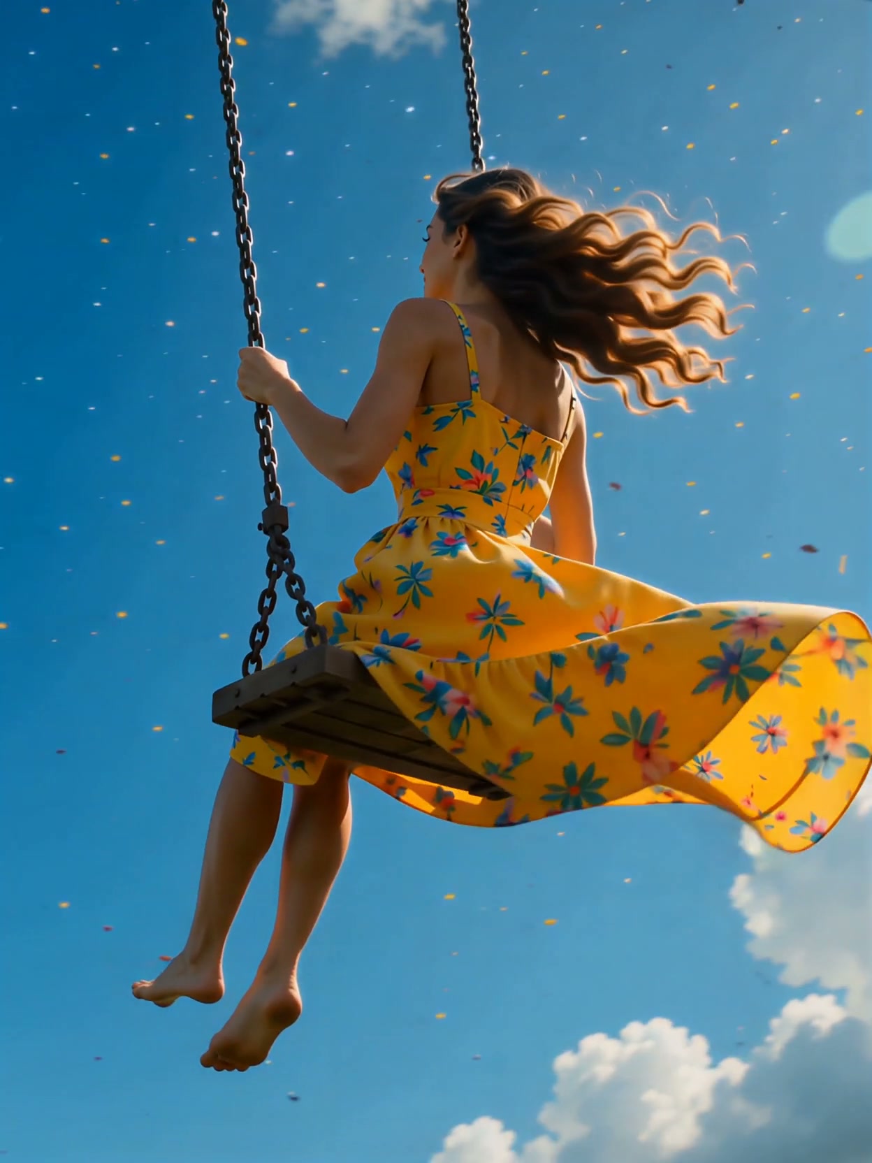 Barefoot woman in a flowing yellow floral dress swings high, hair blowing, against a bright blue ...
