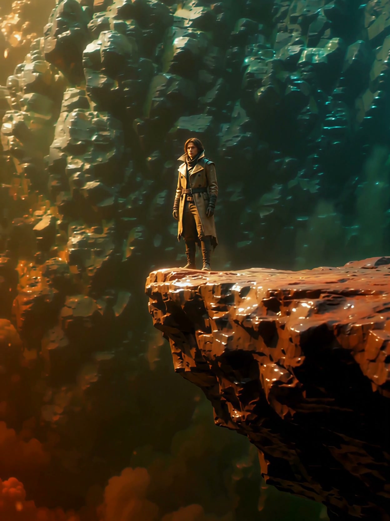 Lone adventurer in a trench coat stands on a jagged glowing cliff edge overlooking a vast crystal...