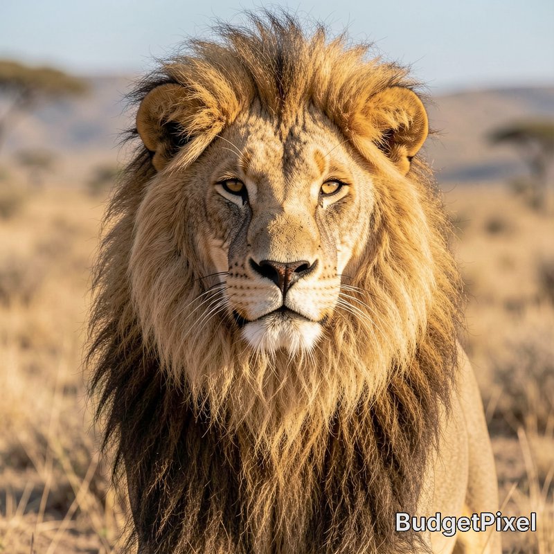 Close-up portrait of a male African lion with a thick mane in the savannah.