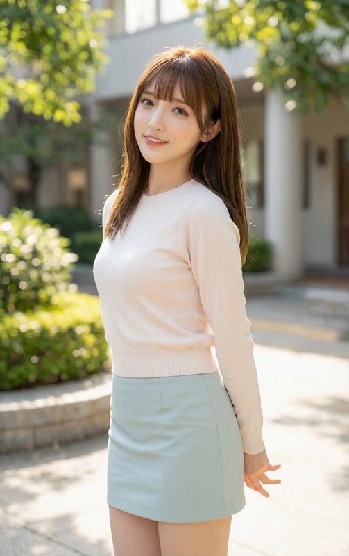Young woman in a pale pink sweater and light blue mini skirt posing outdoors