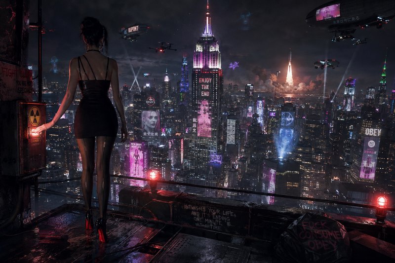 Woman in a black mini dress and heels on a rain-soaked rooftop overlooking a neon-lit cyberpunk c...