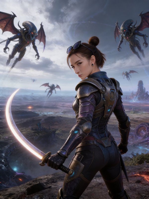 Female armored warrior holding a glowing curved sword facing flying demonic creatures.