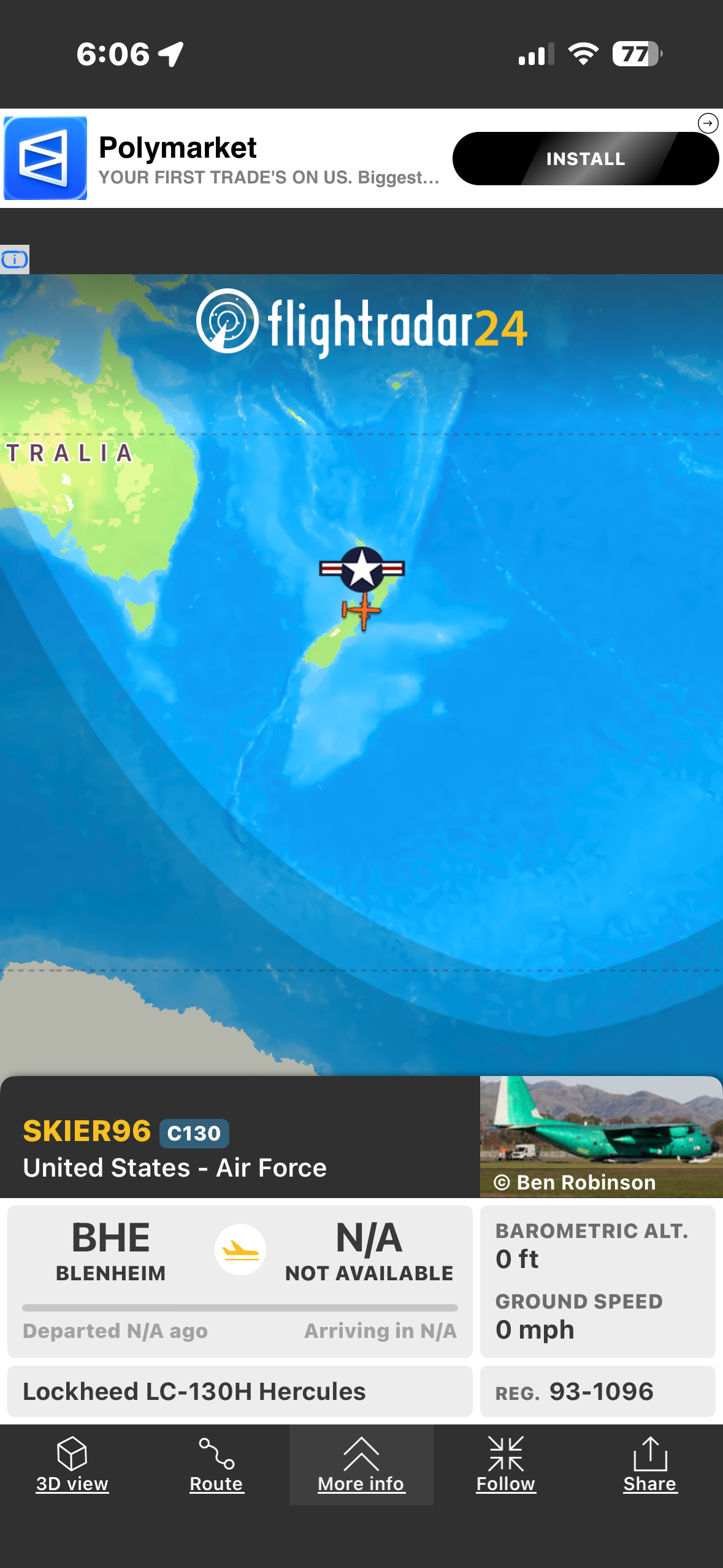 "Flightradar24 mobile app screen tracking a US Air Force Lockheed C130 aircraft near New Zealand with full flight details ...