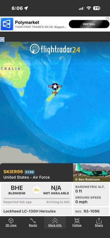 "Flightradar24 mobile app screen tracking a US Air Force Lockheed C130 aircraft near New Zealand ...