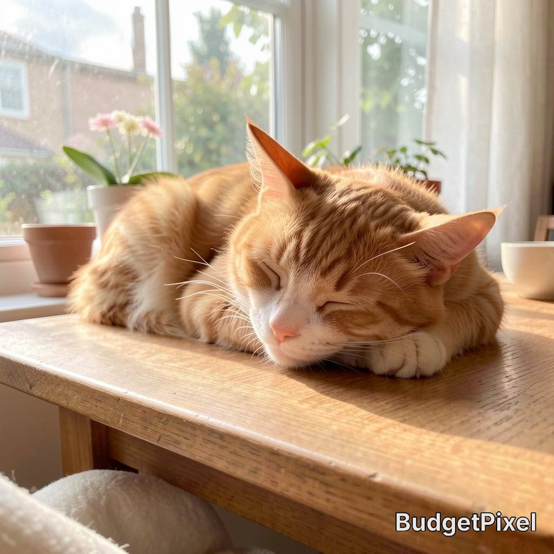 Fluffy orange tabby cat napping peacefully on a sunlit wooden table next to a houseplant-lined br...