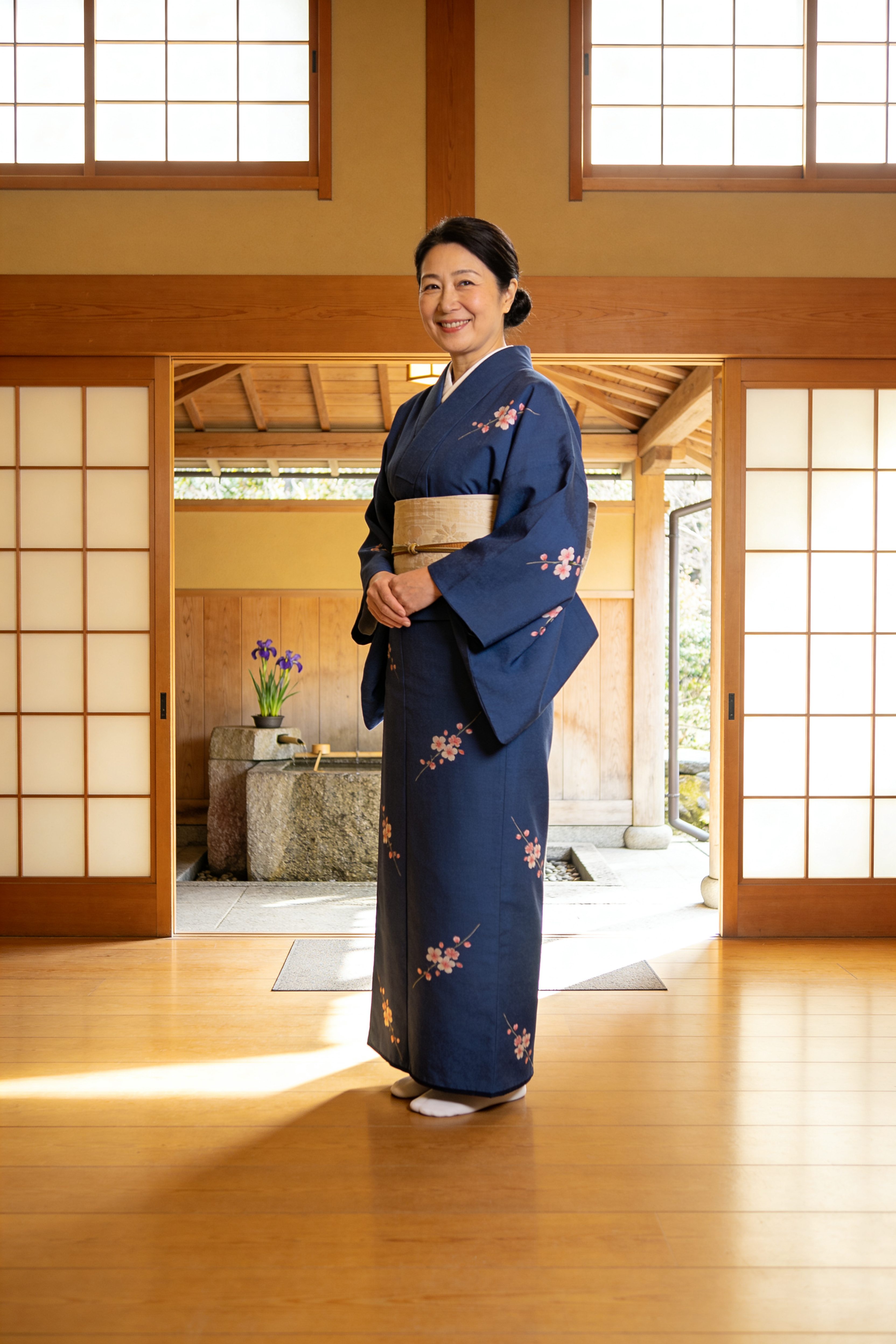 Woman in navy floral kimono with beige obi standing in a traditional Japanese interior with shoji screens