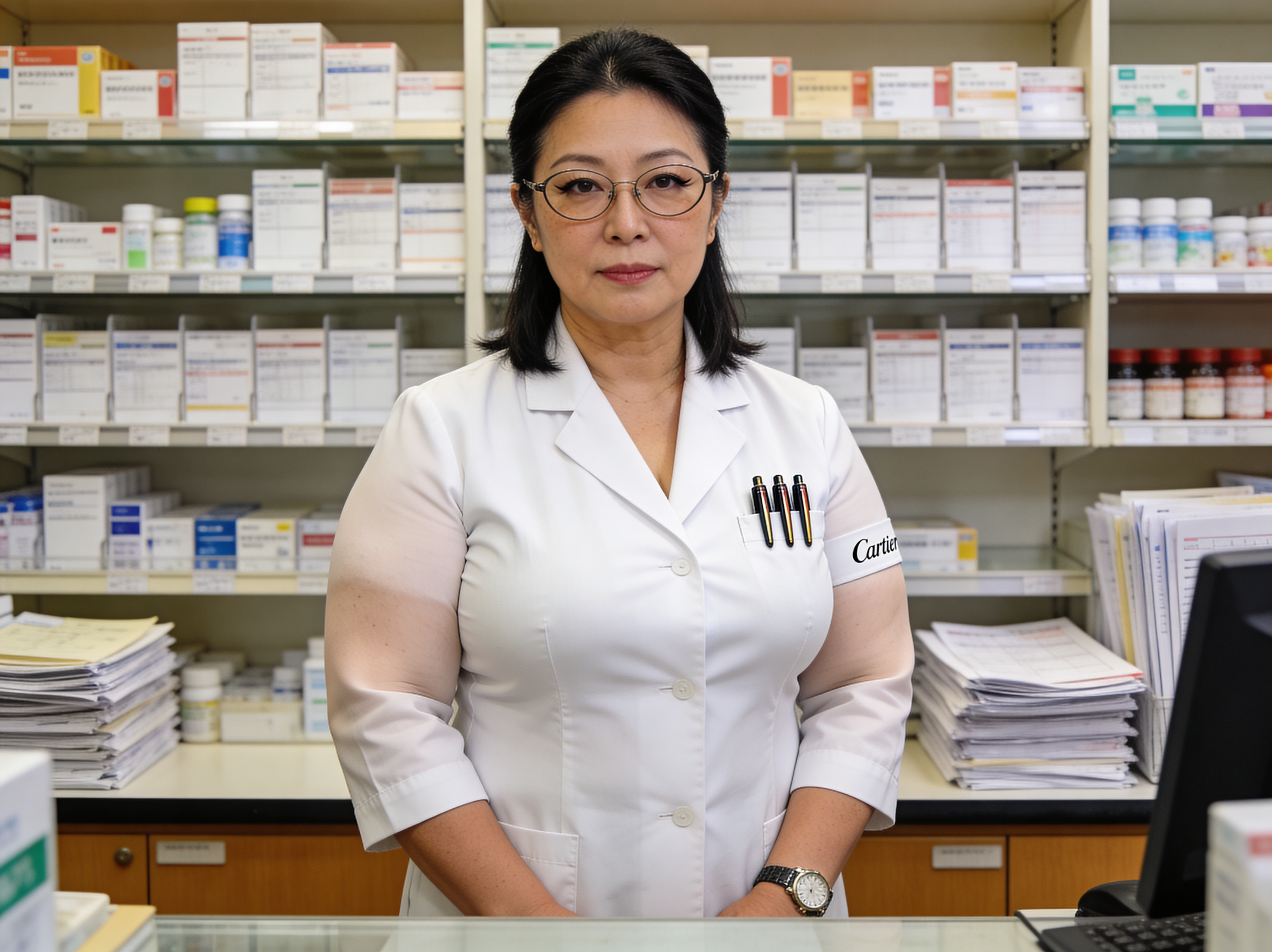 Pharmacist in a white coat standing behind a pharmacy counter with shelves of medicines
