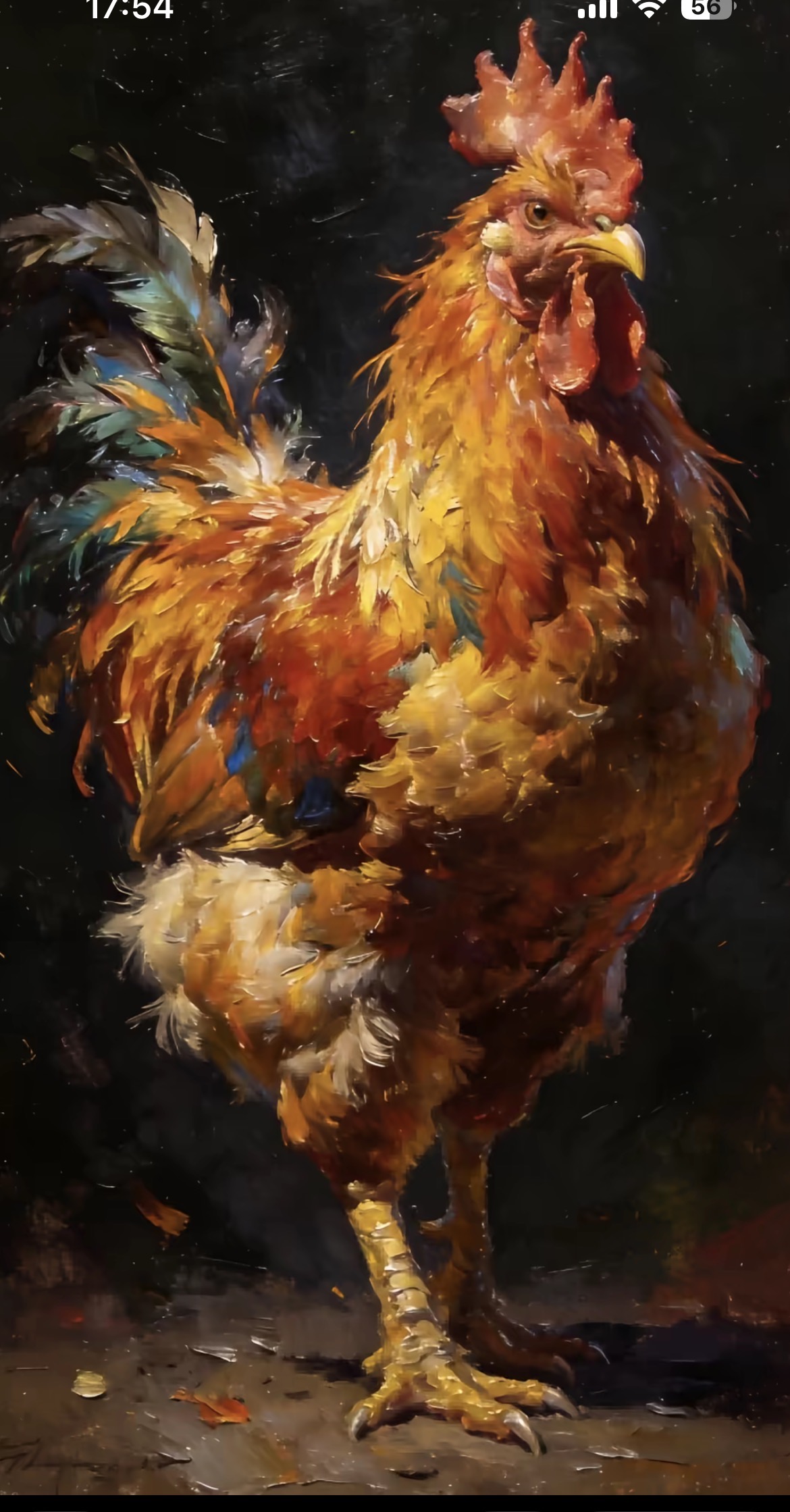 Vivid oil painting of a colorful rooster standing against a dark background.
