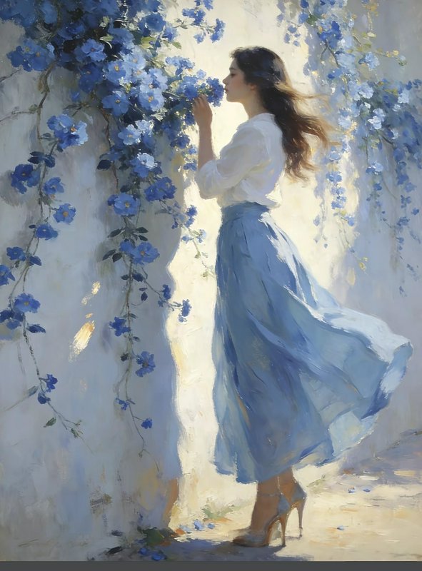 Woman in white blouse and blue skirt beside a wall of cascading blue flowers (impressionist paint...