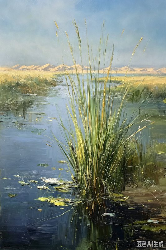 Tall reeds rise from a tranquil marsh with water lilies, a distant dune landscape, and a blue sky.