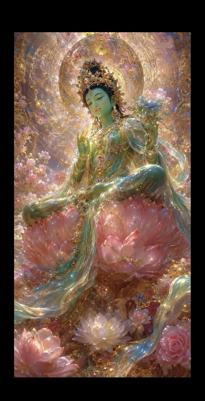 Elaborate Guanyin-style deity seated among pink lotus flowers in a gold, haloed, ethereal scene.