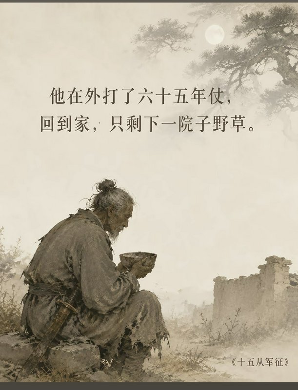Old man with a topknot sits on a rock, holding a bowl in a sepia-toned rural landscape.