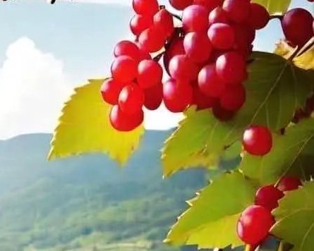 Close-up of glossy bright red berry clusters with green serrated leaves, set against a blurred mo...