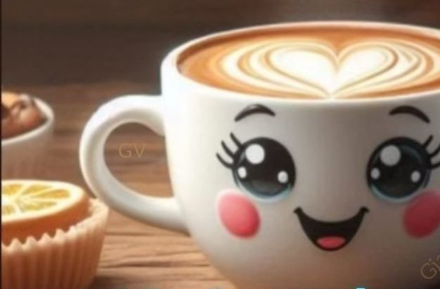 Cute smiling kawaii coffee mug with heart latte art, beside small pastries on a wooden table