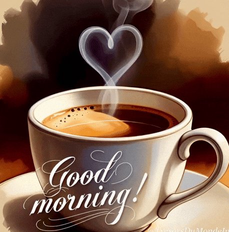 White ceramic coffee cup with heart-shaped rising steam, elegant "Good morning!" cursive text ove...